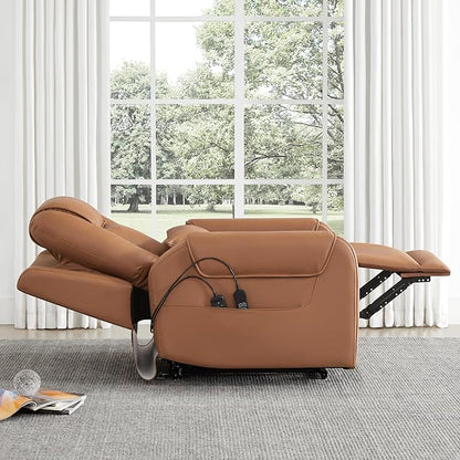 CHITA Electric Power Lift Recliner Chair for Elderly with Massage and Heat, Large Lay Flat Genuine Leather Recliner Chair with Cup Holders, USB Ports, Power Headrest, Independent Backrest, Saddle