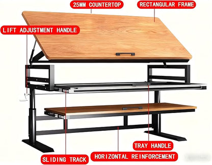 Studio Desk with Keyboard Tray | Hand-Crank Adjustable Standing Desk Workstation for Music Production, Cable Management, MIDI Keyboard Shelf (Natural, 47in)