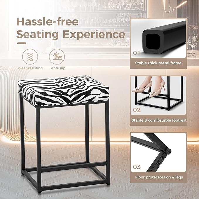 MAISON ARTS Bar Stools Set of 3 | Counter & Bar Height Kitchen Island Stools | Modern Black & White Zebra Stripes Metal Barstools | 24" Backless Farmhouse Bar Height Stools