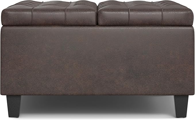 SIMPLIHOME Harrison 30 inch Wide Transitional Square Small Coffee Table Storage Ottoman in Distressed Brown Vegan Faux Leather, Assembled, for The Living Room and Bedroom