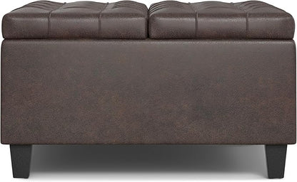SIMPLIHOME Harrison 30 inch Wide Transitional Square Small Coffee Table Storage Ottoman in Distressed Brown Vegan Faux Leather, Assembled, for The Living Room and Bedroom