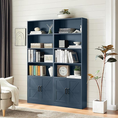 70in Tall Bookshelf 6 Tier Bookcase with Barn Doors and Adjustable Shelf, Blue Farmhouse Book Shelves with Storage Cabinet, Wood Floor Standing Display Bookshelve for Bedroom,Living Room,Kitchen