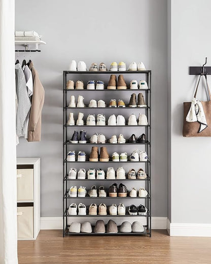 SONGMICS Shoe Rack, 10-Tier Shoe Storage Organizer, Space-Saving, 11 x 32.7 x 62.6 Inches, Entryway, Metal Frame, Non-Woven Fabric Shelves, Ink Black ULSH210B02