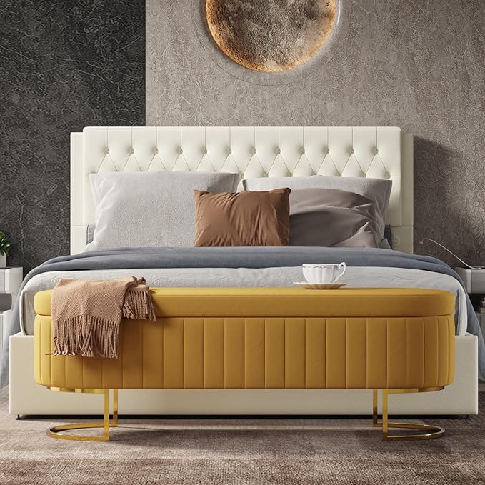 EcoHarbor Living 55.5" Storage Bench Ottoman End of Bed Bench Bedroom Bench, Upholstered Velvet Long Window Bench Large King Size with Gold Legs, Flipping Lid Entryway Footrest