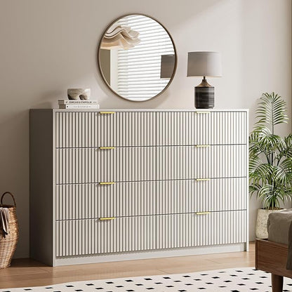 3-Piece Dresser Bedroom Set, 8 Drawer Dresser & 3 Drawer Nightstands with Gold Handles, Fluted Wood Chest of Drawers for Bedroom, Living Room, Entryway, Beige
