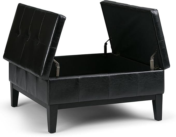 SIMPLIHOME Dover 36 inch Wide Contemporary Square Coffee Table Storage Ottoman in Midnight Black Vegan Faux Leather, Assembled, For the Living Room and Bedroom