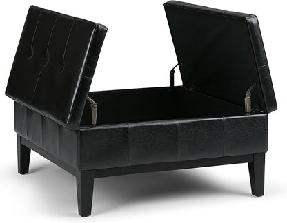 SIMPLIHOME Dover 36 inch Wide Contemporary Square Coffee Table Storage Ottoman in Midnight Black Vegan Faux Leather, Assembled, For the Living Room and Bedroom