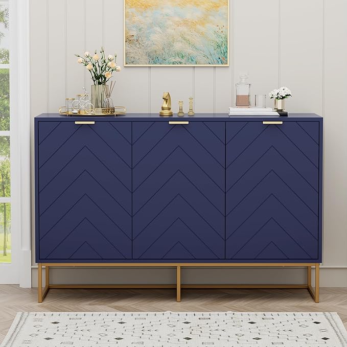 Scurrty 31.5'' Navy Blue Sideboard Cabinet, 3-Door Buffet with Adjustable Shelf & Herringbone Design, Versatile Storage Cabinet for Kitchen, Living Room & Entryway