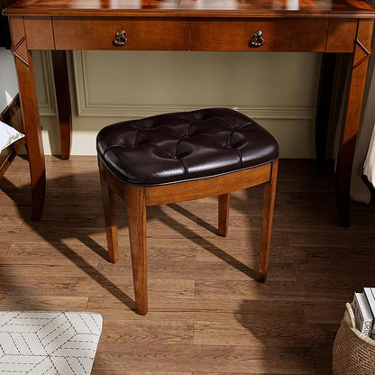 MODERION Vanity Stool Bench with Upholstered, Modern Luxury Wood Stool ,Ottoman Shoe Bench for Living Room, Vanity, Entryway, 19.3"L x 14.9"W x 19.3"H Easy Assembly, Beeswax Leg & Dark Brown FD-HNY-DB