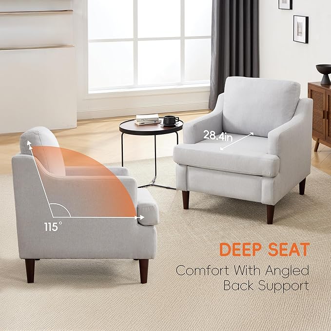 Mid-Century Accent Chair Modern Linen Fabric Armchair for Living Room,Comfy Upholstered Reading Chairs for Bedroom,Single Sofa Chair with Wood Legs (LightGrey, Set of 2)