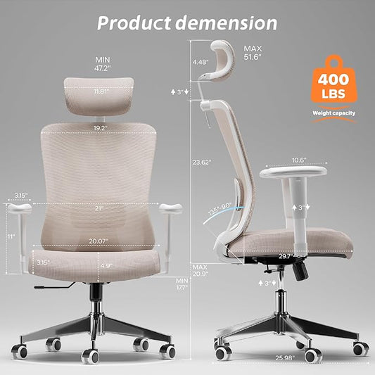 Ergonomic Office Chair with Adjustable Lumbar Support & Flip-Up Armrests - High Back Computer Desk Chair with Thickened Seat Cushion, Rolling Wheels for Home/Office Study Work (05khaki)