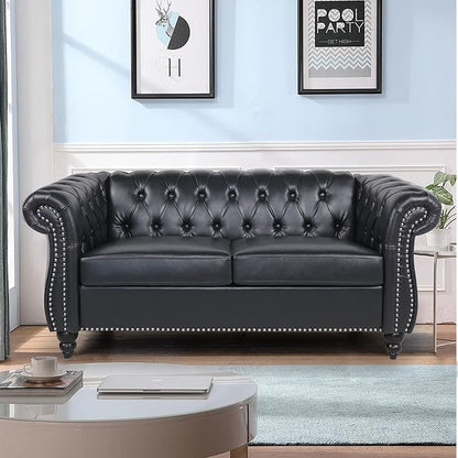 LEVNARY Leather Sofa, Chesterfield Tufted Upholstered 2 Seater Couch, Modern Loveseat Couch Classic Furniture for Living Room Bedroom (Black)
