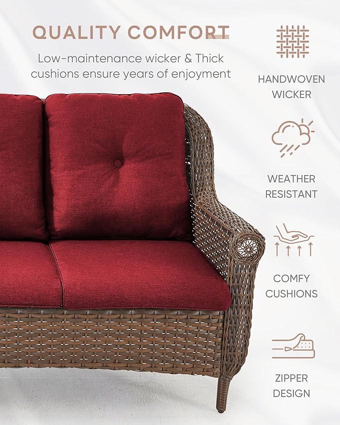 Patio Loveseat Outdoor Wicker Sofa - Heavy Duty All-Weather Brown Rattan 2-Person Sofas with High Back and Comfortable Thick Cushions for Garden Back Porch Poolside Apartment - Red