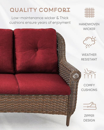 Patio Loveseat Outdoor Wicker Sofa - Heavy Duty All-Weather Brown Rattan 2-Person Sofas with High Back and Comfortable Thick Cushions for Garden Back Porch Poolside Apartment - Red