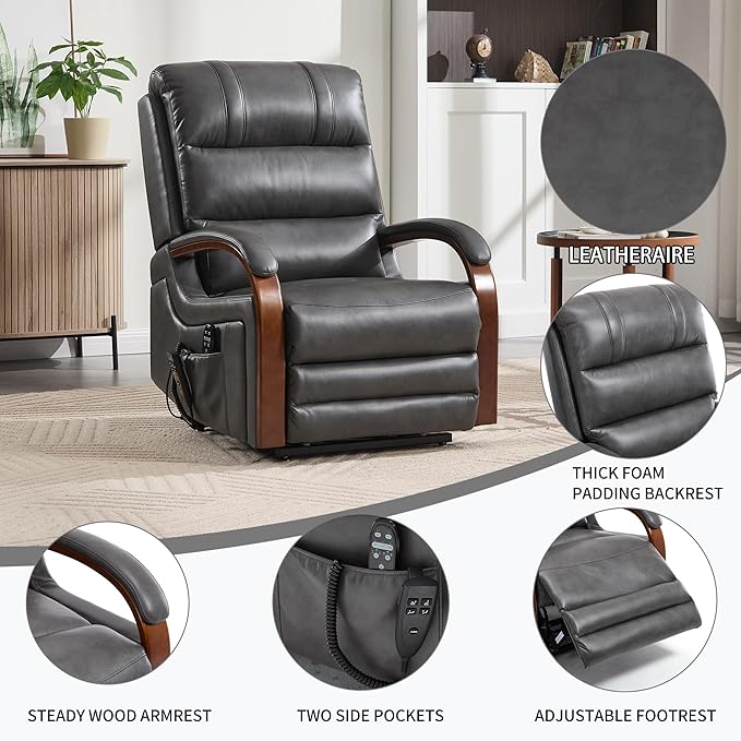 Dual Motor Recliner Lift Chair with Heat and Massage, Heavy Duty Leather Power Lift Recliner Chair Idea Gifts for Seniors, Stand Assistance, Grey