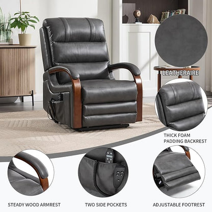 Dual Motor Recliner Lift Chair with Heat and Massage, Heavy Duty Leather Power Lift Recliner Chair Idea Gifts for Seniors, Stand Assistance, Grey