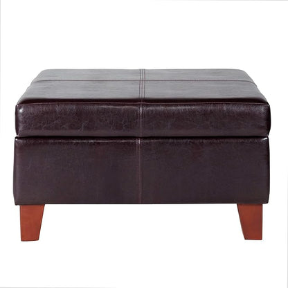 HomePop Faux Leather Square Storage Ottoman with Wood Legs, Distressed Brown