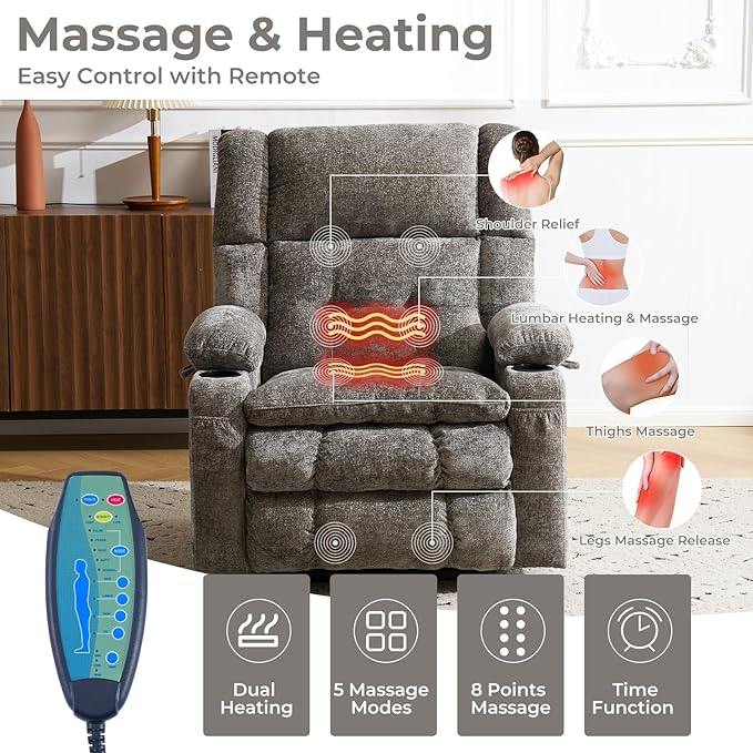 Power Lift Recliner Chair for Elderly with Massage and Heat, Dual Motor Electric Lift Chair with Arm Storage, Lay Flat Recliner for Big and Tall, Infinite Position, Gray