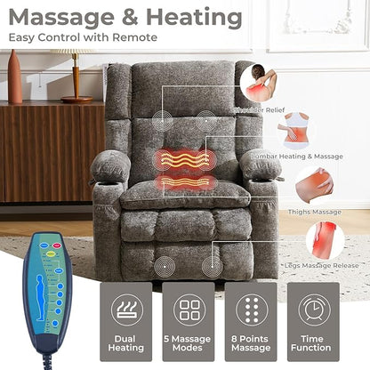 Power Lift Recliner Chair for Elderly with Massage and Heat, Dual Motor Electric Lift Chair with Arm Storage, Lay Flat Recliner for Big and Tall, Infinite Position, Gray