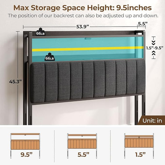 Rolanstar Headboard for Full Size Bed with Storage, 60,000 DIY Color of LED Light, Head Board with USB & Type C Port, Height Adjustable, Black Upholstered Cabeceras de Cama Comfortable Modern, Stable
