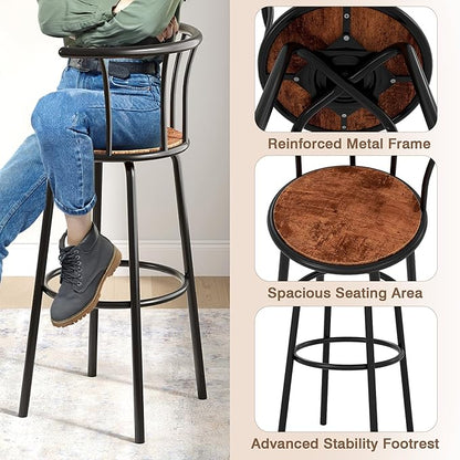 VECELO Bar Stools Set of 2, Swivel Counter Barstools with Backrest, Bar Height Chairs for Dining Room, Kitchen Island, Pub, Easy Assembly, Retro Brown