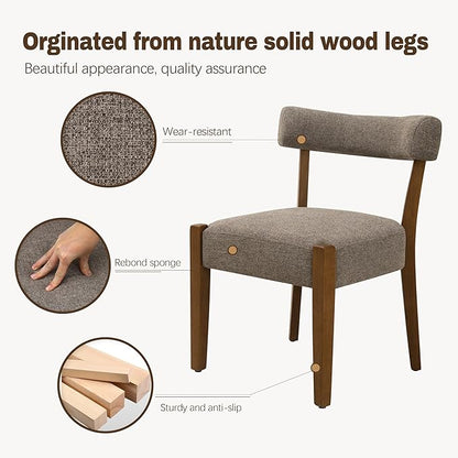 Modern Dining Chairs Set of 2, Walnut Upholstered Kitchen & Dining Room Chairs, Mid Century Wooden Dining Chairs Oversized Sturdy Fabric Rounded Chairs Curved Back, Tan Brown