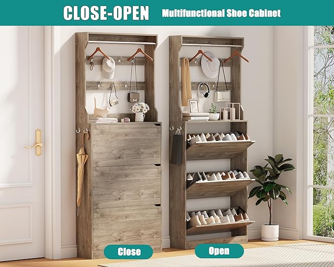 Shoe Cabinet for Entryway with 3 Flip Drawers, Grey Tall Wood Shoe Storage Cabinet with Coat Rack, Narrow Hidden Slim Freestanding Shoe Rack Organizer, 2 in 1 Hall Tree for Living Room, Hallway