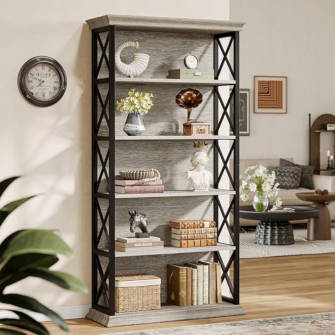 Tribesigns 71-Inch Tall Bookcase, 5-Tier Industrial Metal Bookshelf, Large Etagere Bookcases and Bookshelves, Freestanding Display Shelves for Living Room, Bedroom, Gray and Black