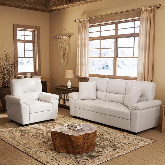 Morden Fort Faux Leather Chair and 3 Seater Sofa Set, Modern Luxury Furniture with Removable and Easy to Clean Cushions, Skin-Friendly Wide Arm for Living Room Apartment Office Lounge, White