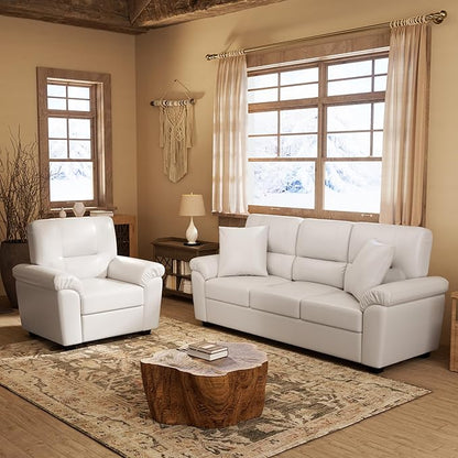 Morden Fort Faux Leather Chair and 3 Seater Sofa Set, Modern Luxury Furniture with Removable and Easy to Clean Cushions, Skin-Friendly Wide Arm for Living Room Apartment Office Lounge, White