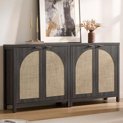 SICOTAS 68" W Rattan Sideboard Buffet Cabinet with Storage Set of 2, Modern Credenza with Arch Doors & Shelves, Boho Coffee Bar Media Console Cabinets for Kitchen, Living Room, Entryway, Black Oak