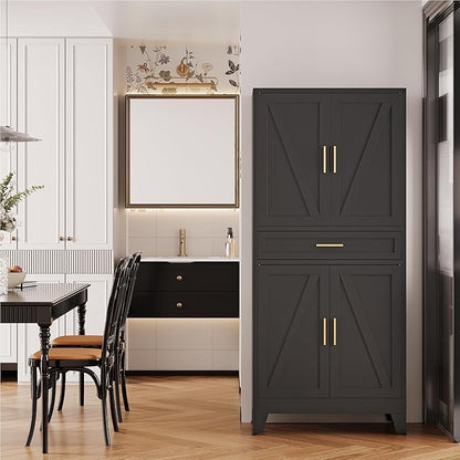 Large Metal Kitchen Pantry Cabinet with Adjustable Shelves - Freestanding Kitchen Storage Cabinet for Dining Room,Livingroom Bathroom, Hallway, Workshop, Office (Black, 71"-1 Drawer)