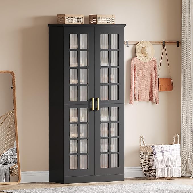 Tribesigns 70-Inch Tall Shoe Cabinet with Doors, 8-Tier Shoe Storage Cabinet with Adjustable Shelves, Modern Shoe Organizer Shoe Rack Cabinet for Entryway, Hallway, Closet, Living Room, Black and Gold