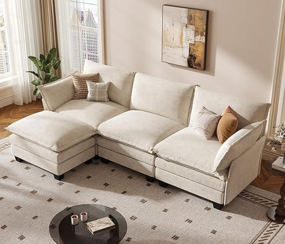 KKL 91.3" Modular Sectional Sofa, L-Shaped 4 Seater Cloud Couch with Ottoman, Chenille Modern Sectional Couches for Living Room, Apartment, Beige