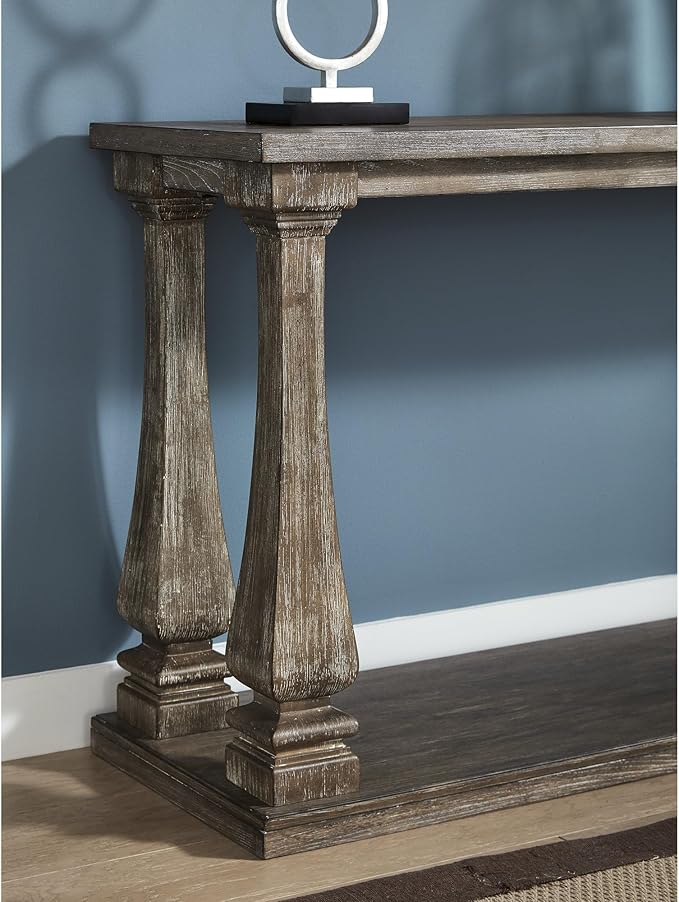 Signature Design by Ashley Johnelle Casual Sofa Table, Plank-look Framed Tabletop, Weathered Finish, Elm Veneers and Wood, 60" W x 18" D x 31.88" H, Gray