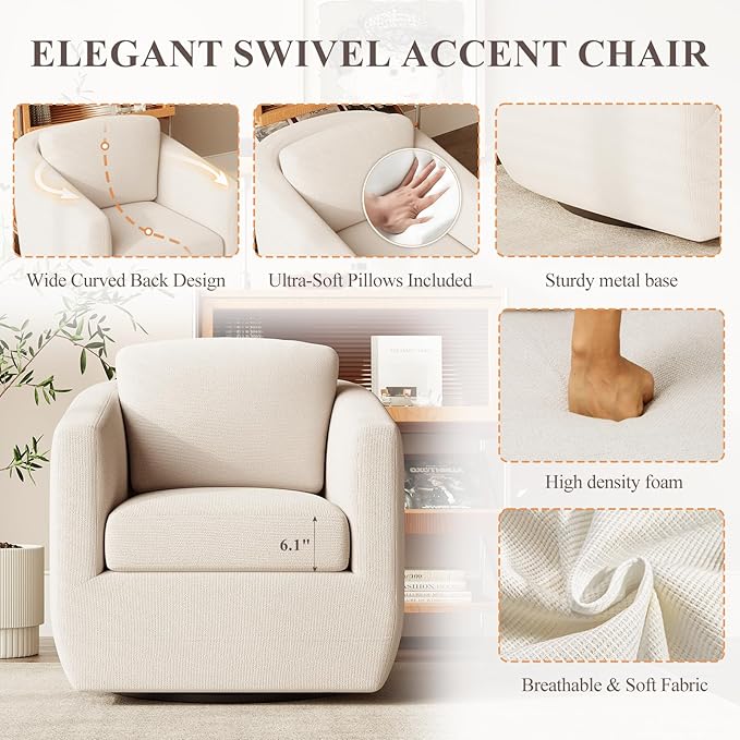 360° Comfy Swivel Accent Armchair with Pillow - Fully Assembled Living Room Single Sofa No-Sag Foam & Sturdy Metal Base, Swivel Accent Chair for Bedroom Living Room, Office, Beige