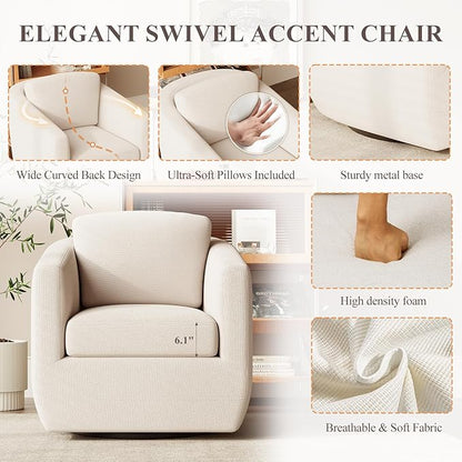 360° Comfy Swivel Accent Armchair with Pillow - Fully Assembled Living Room Single Sofa No-Sag Foam & Sturdy Metal Base, Swivel Accent Chair for Bedroom Living Room, Office, Beige