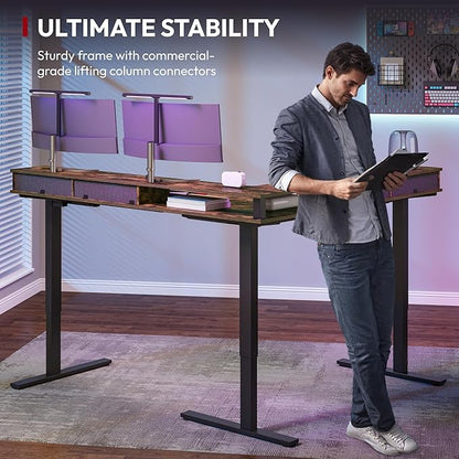 SANODESK 63" L Shaped Standing Desk with 4 Drawers, Height Adjustable Stand up Desk, Corner Gaming Desk with Monitor Stand, Black Frame/Rustic Brown Top