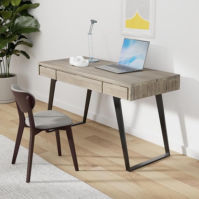 SIMPLIHOME Lowry Desk - 54-Inch Wide Solid Acacia Wood and Metal Writing Desk in Distressed Grey, Modern Industrial Home Office Computer Table with 2 Drawers and Flip-Down Keyboard Tray