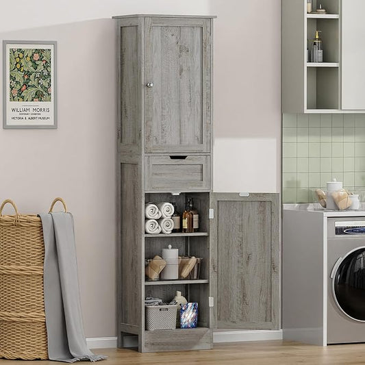 Iwell 67" Tall Bathroom Cabinet with Adjustable Shelves & 1 Drawer, Storage Cabinet with 2 Doors, Narrow Tall Cabinet, Floor Cabinet for Bathroom, Living Room, Home Office, Grey