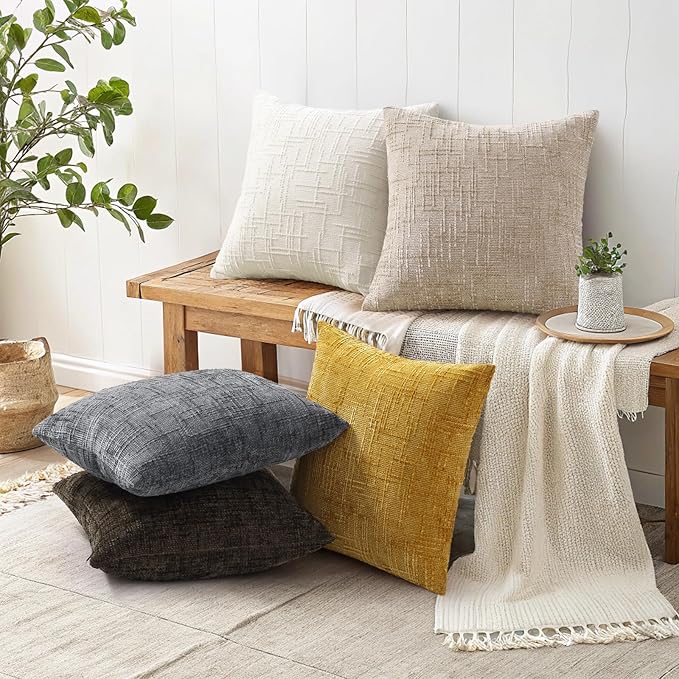 decorUhome Dark Brown Chenille Throw Pillow Covers 16x16 Set of 2 Thick Textured Slubby Couch Pillow Covers Farmhouse Accent Modern Neutral Decorative Pillow Cases for Bed Sofa Living Room