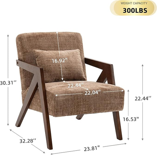 Mid-Century Modern Accent Chair with Solid Wood Frame，Upholstered Chenille Living Room Arm Chairs with Pillow for Bedroom, Living Room, Reading Room, Balcony, Brown