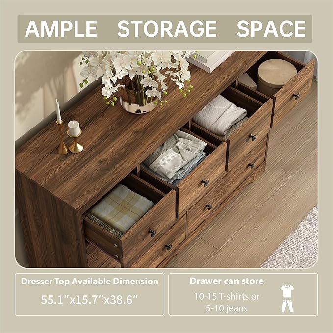 55 Inch Wide Dresser for Bedroom, 10 Drawer Dresser with Large Drawers, Thickened Top, Wood Chest for Living Room, Hallway, Walnut