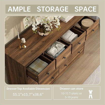 55 Inch Wide Dresser for Bedroom, 10 Drawer Dresser with Large Drawers, Thickened Top, Wood Chest for Living Room, Hallway, Walnut
