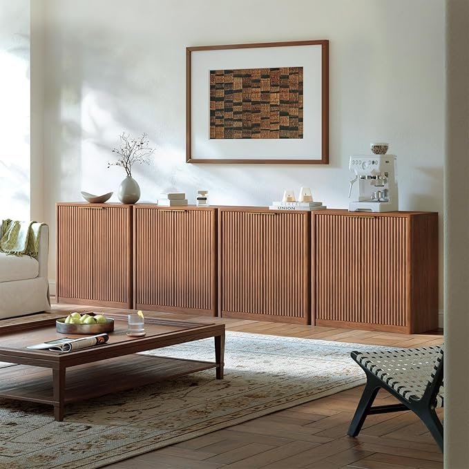 Evermagin 31.5" Walnut Buffet Cabinet with Storage, Small Sideboard Cabinet, Mid Century Modern Accent Credenza, Fluted Console Table with Doors for Dining Room, Kitchen, and Living Room