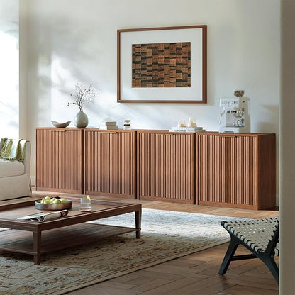 Evermagin 31.5" Walnut Buffet Cabinet with Storage, Small Sideboard Cabinet, Mid Century Modern Accent Credenza, Fluted Console Table with Doors for Dining Room, Kitchen, and Living Room