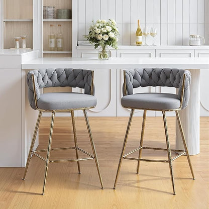 VECELO Bar Stools Set of 4, Counter Height Bar Stools, 26 inch Seat Barstools with Woven Back and Footrest for Kitchen Island Counter, Grey
