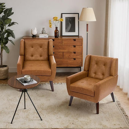 Faux Leather Accent Chairs Set of 2, Mid-Century Modern Upholstered Armchair, Comfy Living Room Chairs Reading Chairs with Button Tufted Back & Solid Wood Legs for Bedroom, Office, Brown