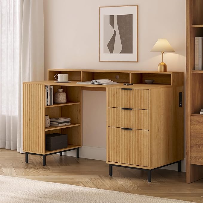 55'' Fluted Executive Desk with Drawers, Modern Home Office Computer Desk with Charging Station, File Drawer, Monitor Stand, Storage Shelf for Work Writing Study, Natural Oak