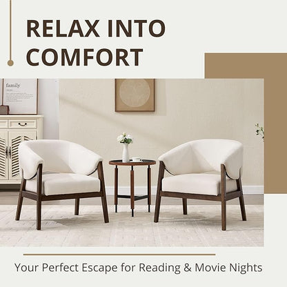 Mid-Century Modern Accent Chair Set of 2, Comfy Barrel Armchair Living Room Chair for Bedroom, Upholstered Lounge Chairs for Reading Nook Office, White Chenille, Wood Legs